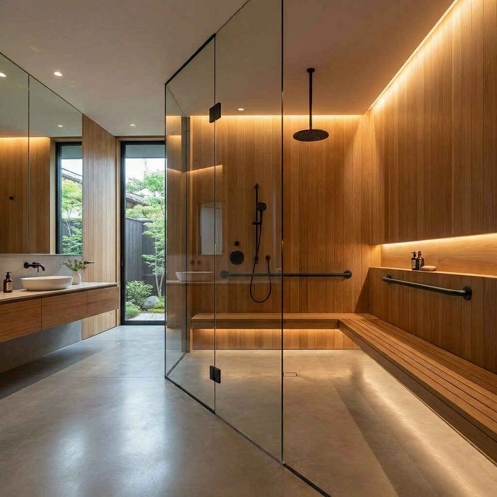 Modern bathroom with wood-paneled walls, a glass shower, and an integrated wooden bench.