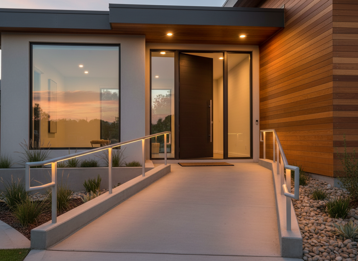 A welcoming outside front entrance of a modern, accessible home, with a gently sloped ramp, sturdy handrails, a wide doorway, good lighting, and subtle landscaping, photographed at golden hour, realistic style