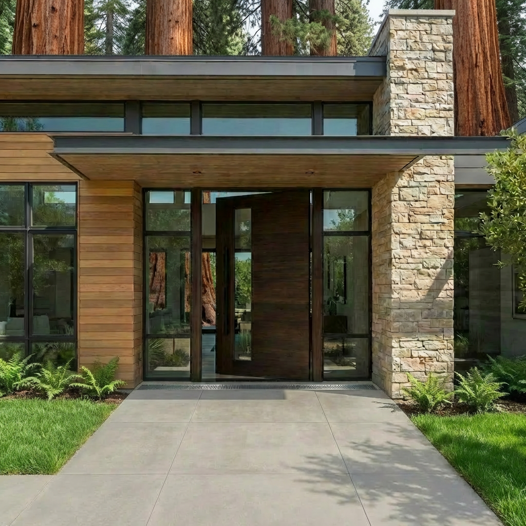 Modern house entrance with dark wood pivot door, concrete walls, and desert landscaping.