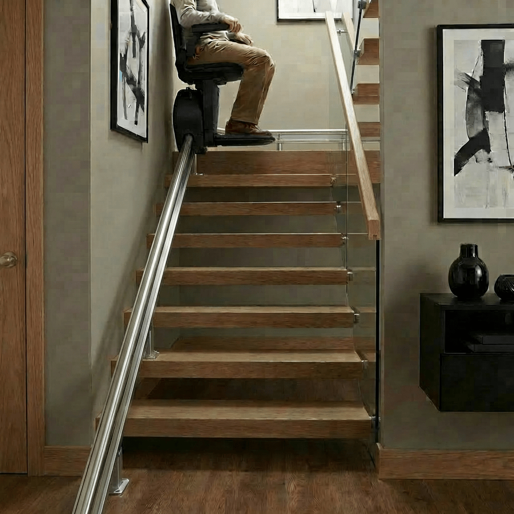 A man using a motorized chair lift on a carpeted residential staircase.