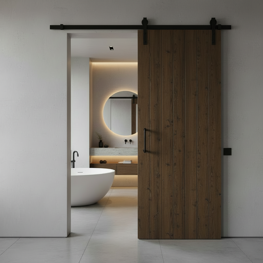 Dark wood sliding barn door with frosted glass panels leading to a minimalist bathroom.