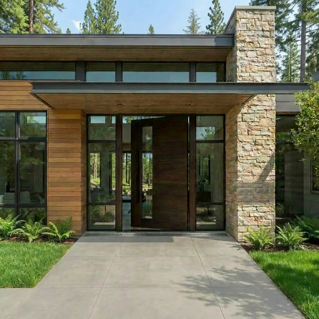 Contemporary home entryway showcasing modern architectural design Modern house entrance with dark wood pivot door, concrete walls, and desert landscaping.